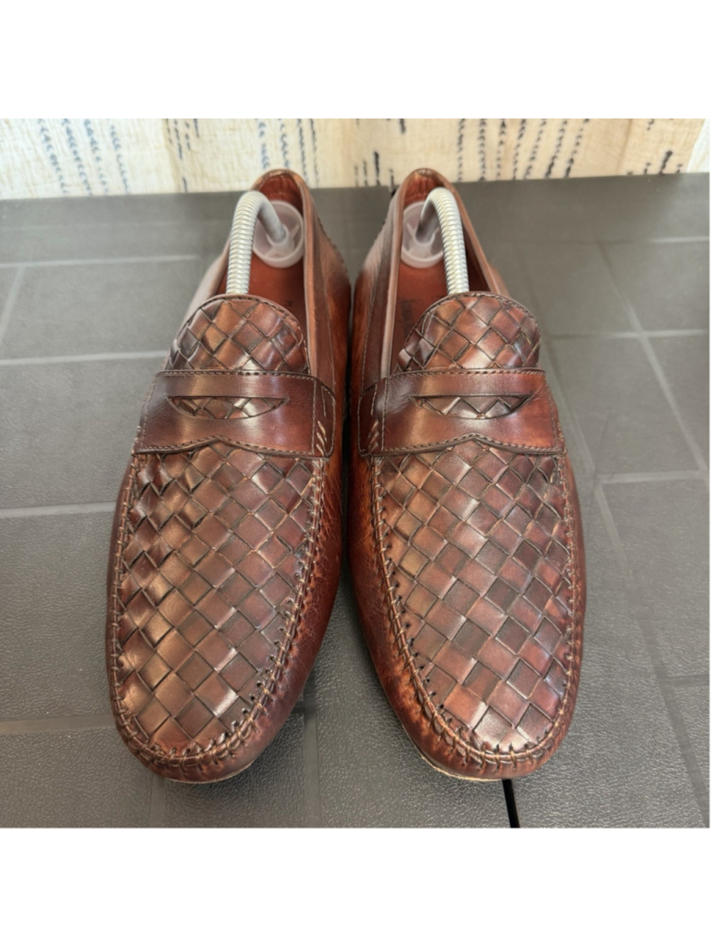 Magnanni x NM Mens 8.5 M Brown Leather Woven Penny Loafers Driving Comfort Spain